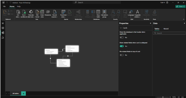 A screenshot that shows the dark mode in Power BI desktop. The Power BI Desktop has a blank canvas with a dark background.
