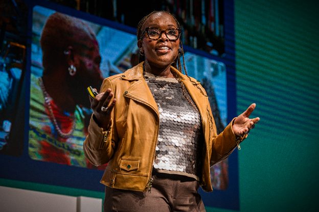 Wangui McKelvey on stage at the FabCon 2024 event.