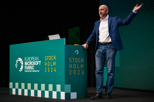 Marco Casalaina on stage at the FabCon 2024 event.