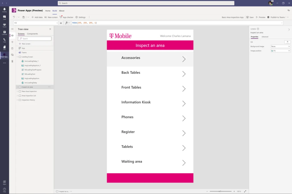 The Power Apps canvas inside Teams with the T-Mobile modified Area Inspection template.