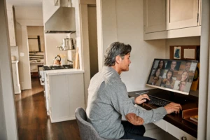 A male sits at his desk located in modern white kitchen working on his Acer desktop computer running a Microsoft Teams conference call with 9 people on screen.