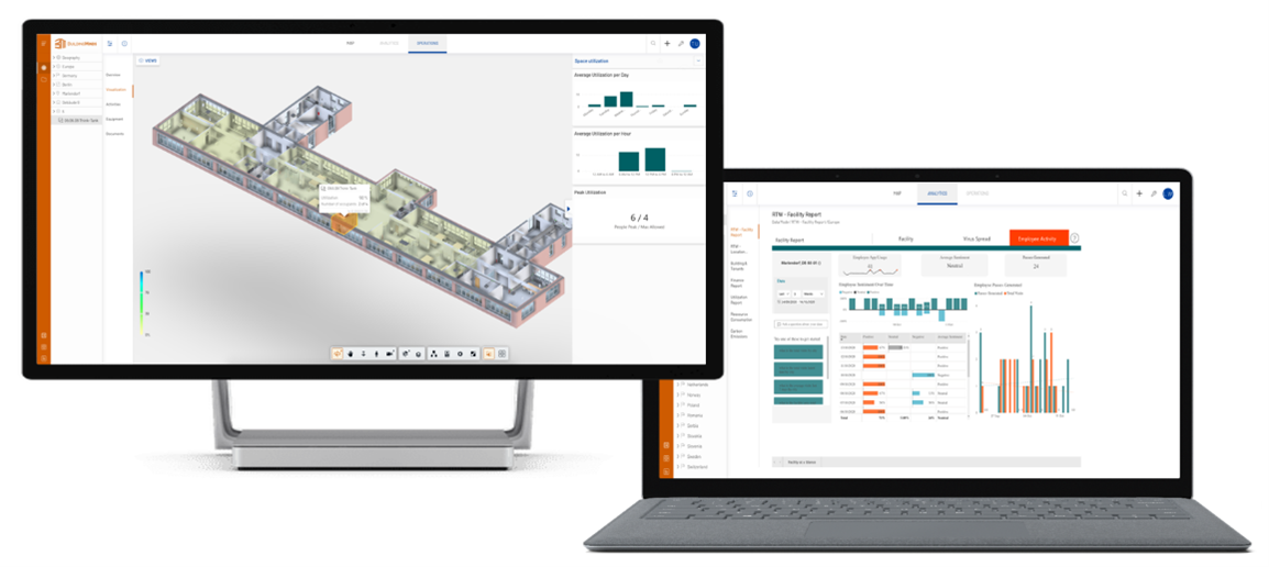 BuildingMinds showing 3D digital twin of the facility and occupancy metrics through embedded Power B I dashboard