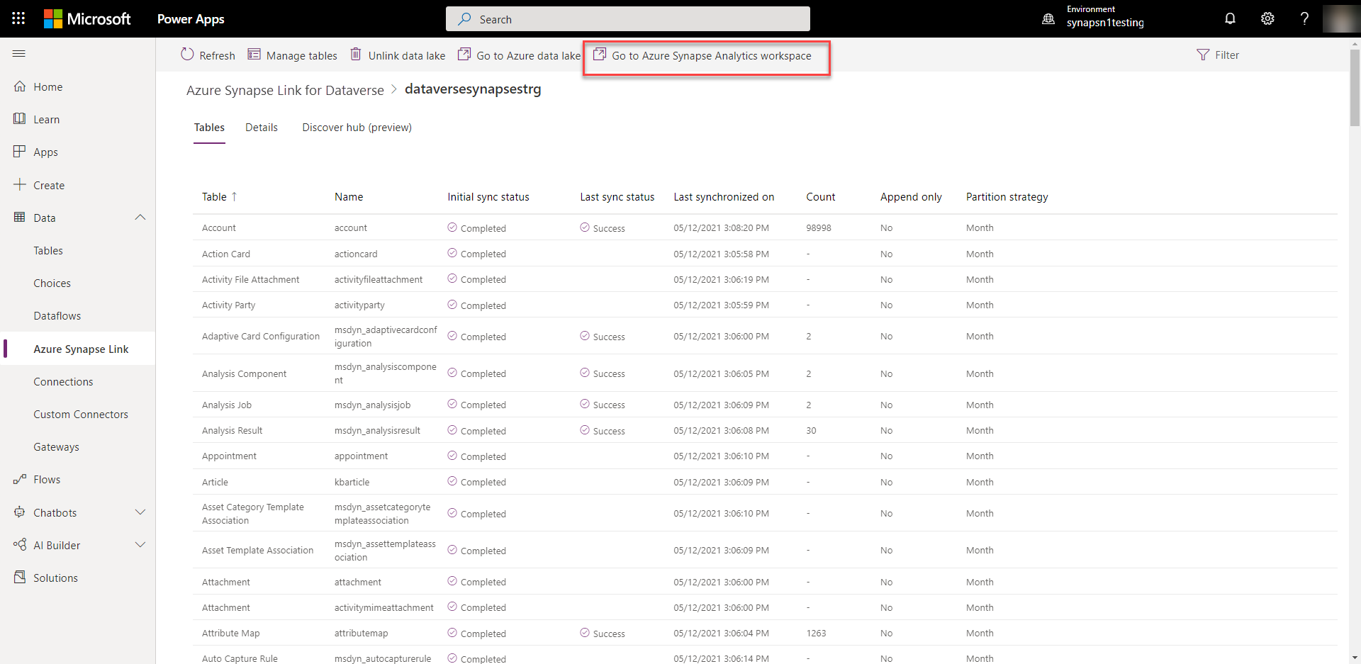 You can launch your Azure Synapse workspace and view your Dataverse data with a single click