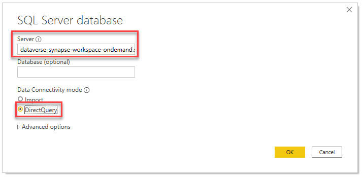 Paste serverless SQL endpoint directquery mode