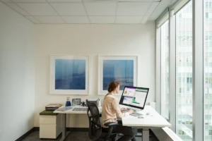 Female office worker seated at corner desk in window office using Surface Studio. Screen shows pie chart and graphs; her hands are on the keyboard.