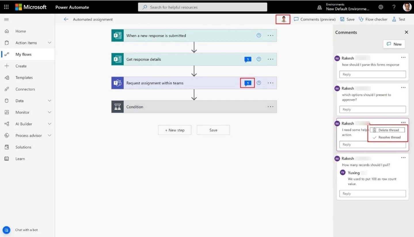 Figure 2: Commenting in Microsoft Power Automate (generally available)