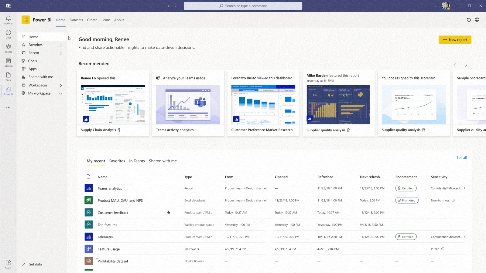 Figure 6: Microsoft Power BI App in Microsoft Teams (generally available)