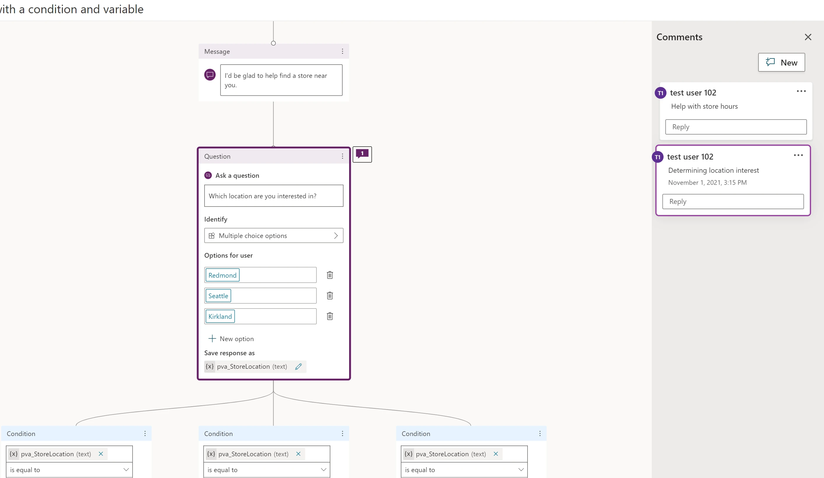 Figure 3: Commenting in Microsoft Power Virtual Agents (preview)