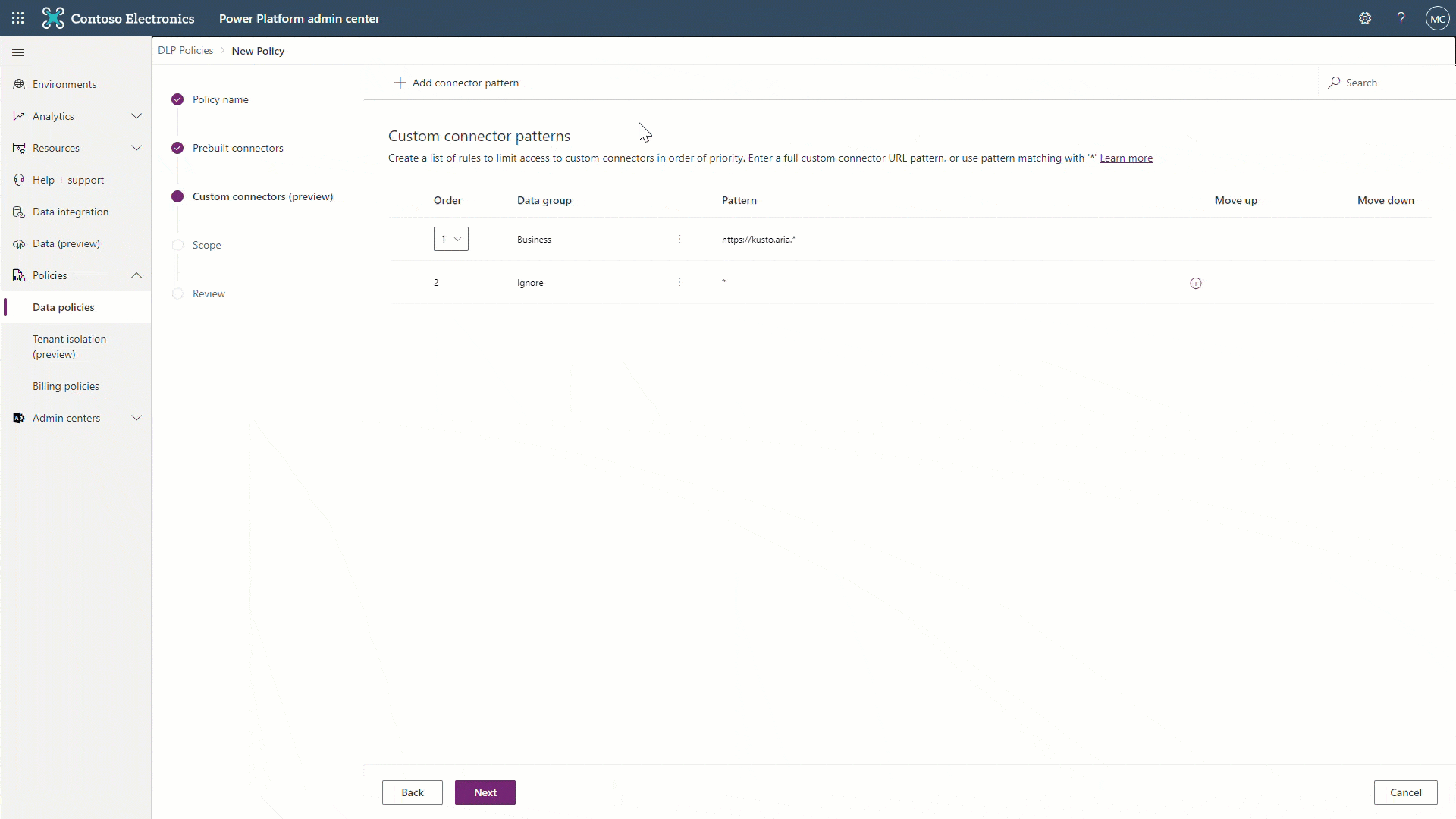 Animated gif depicting how to block custom connectors that are behind a specific host URL endpoint.