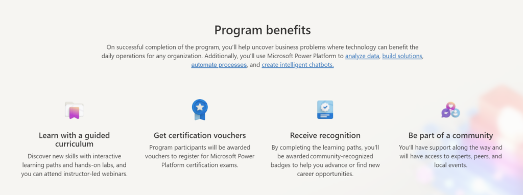 The new Power Up skilling program benefits including learn with guided curriculum, get certification vouchers, receive recognition and be part of a community.