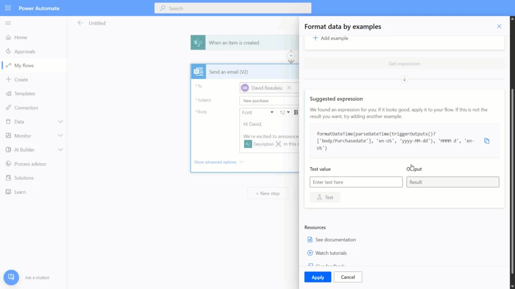 A screenshot demonstrating the "format data by examples" feature in Power Automate with an expression to format date information.