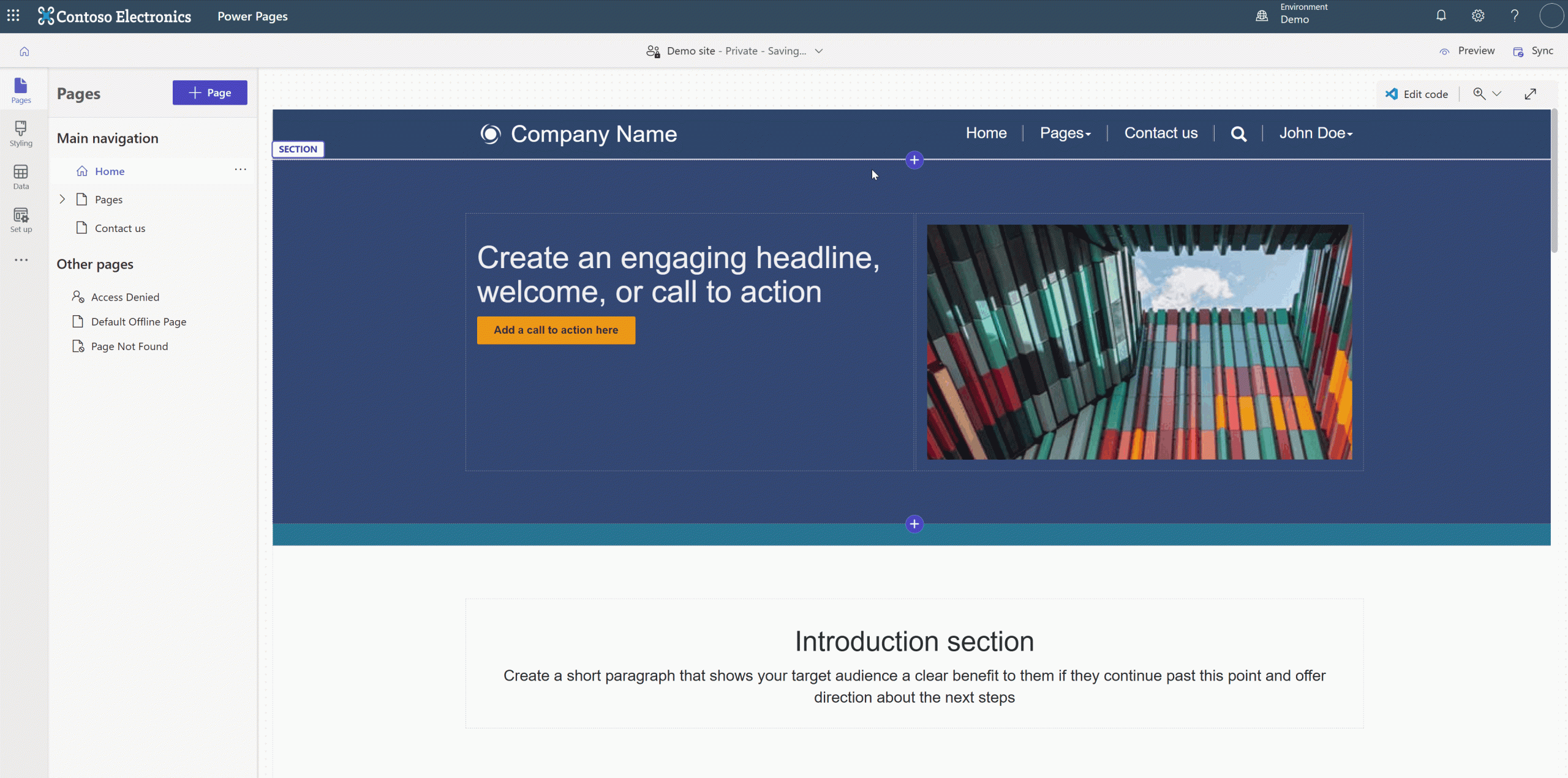 Sample video of the Edit Site header experience in Power Pages' Studio. The user updates the title, logo, and brand color. The changes are reflected in the canvas underneath.