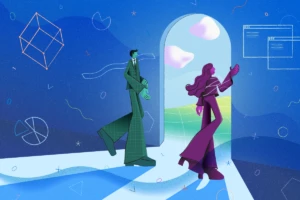 A decorative illustration of two IT professionals walking through a doorway.