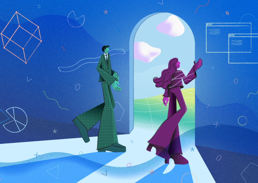 A decorative illustration of two IT professionals walking through a doorway.