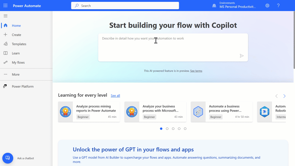 GIF demonstrating Copilot in Power Automate creating an automated flow using the new designer.