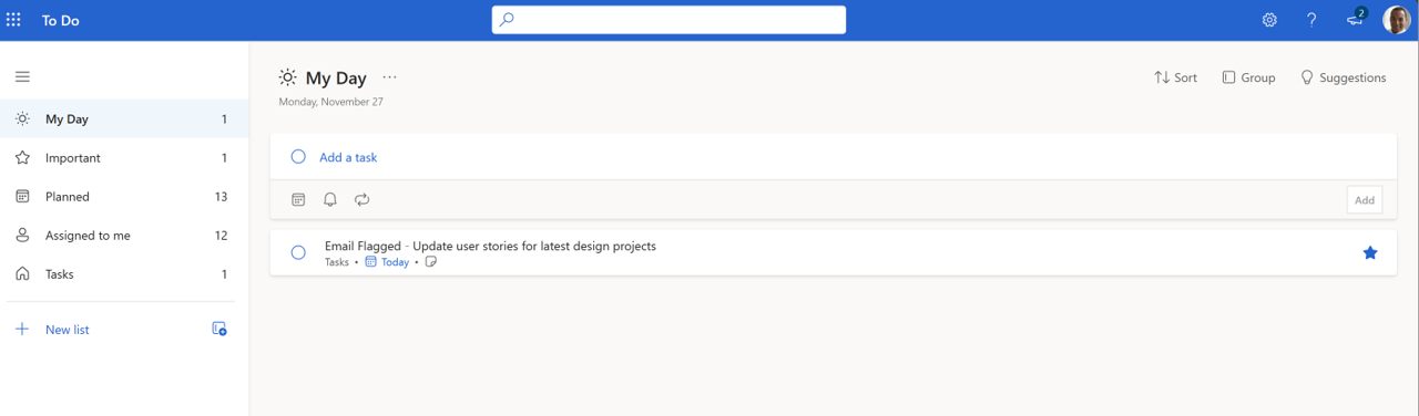 Screenshot of task automatically being created for an important email