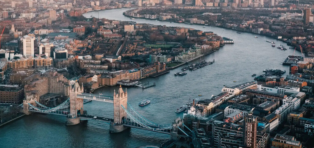 An aerial view of the city of London.