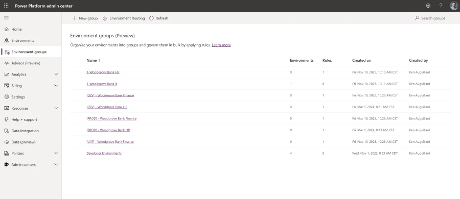 Microsoft Power Platform Admin Center screen showing environment groups list