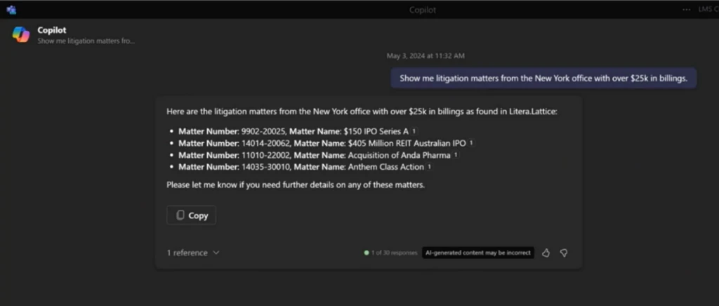 The Litera Search Copilot connector enables legal professionals to execute complex natural language litigation searches
