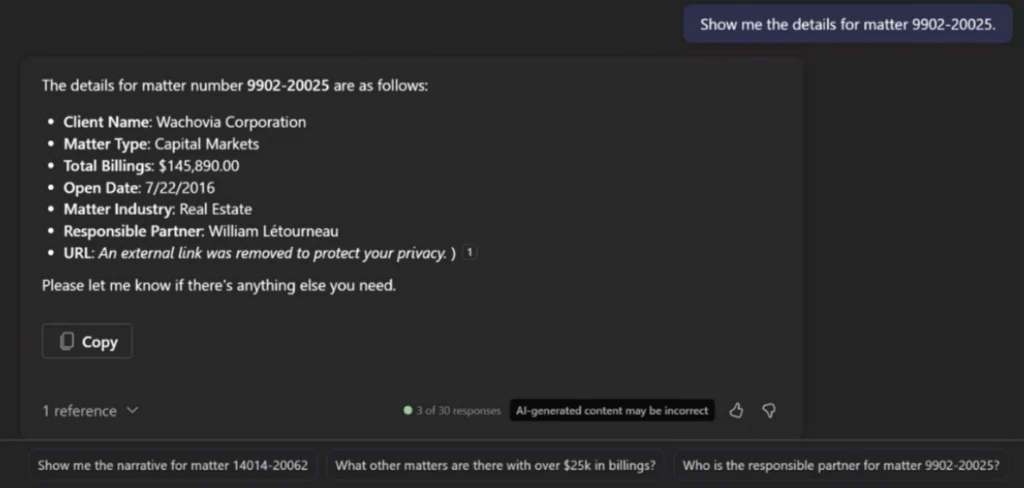 The Litera Search Copilot connector allows legal professionals to get matter and precedent detail without learning how to navigate a complex search screen