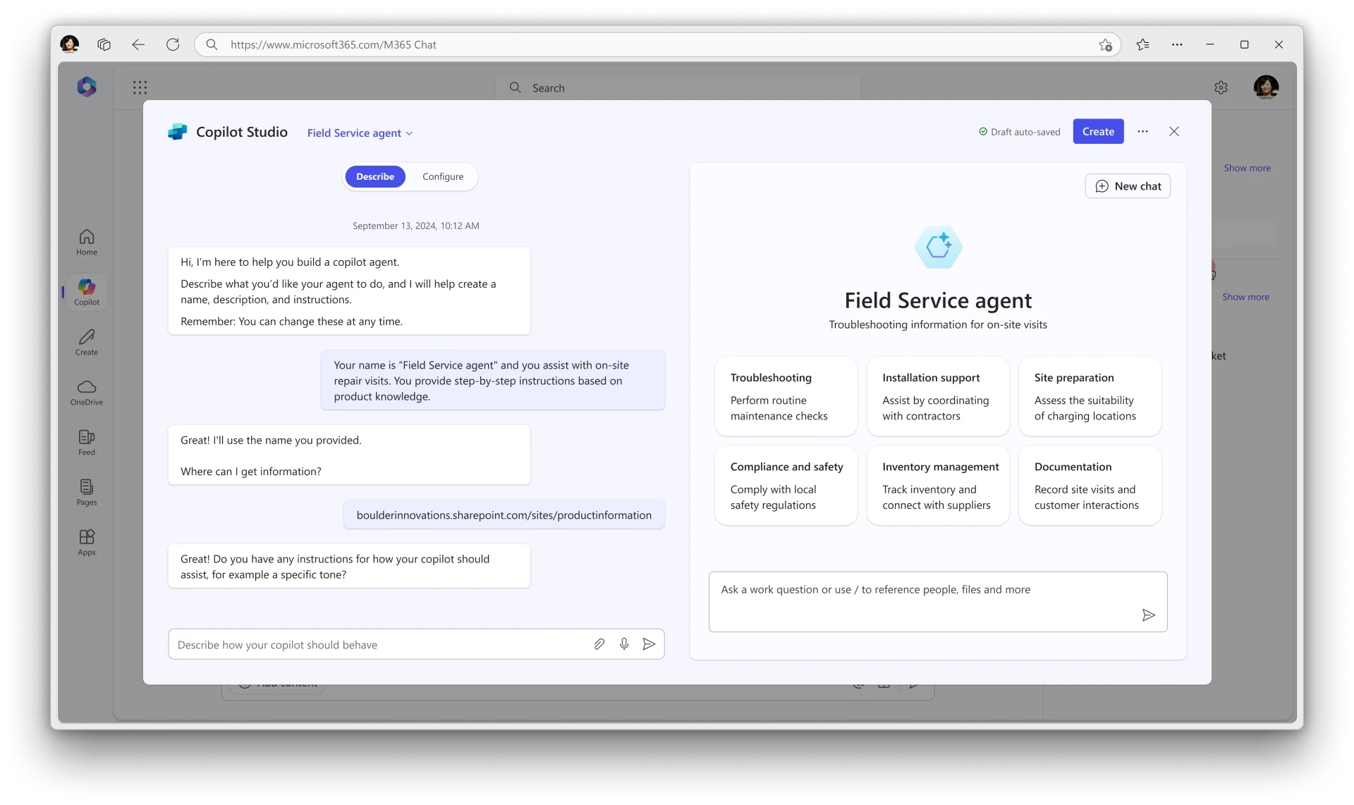 A screenshot showing the new lightweight experience of Copilot Studio accessed from BizChat, highlighting the creation of a Field Service agent. 