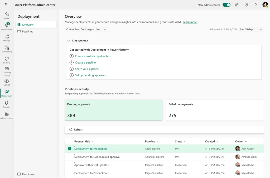 The deployment experience in the Power Platform Admin Center makes it easier than ever to understand deployment activity, discover pending approvals and detect deployment failures.