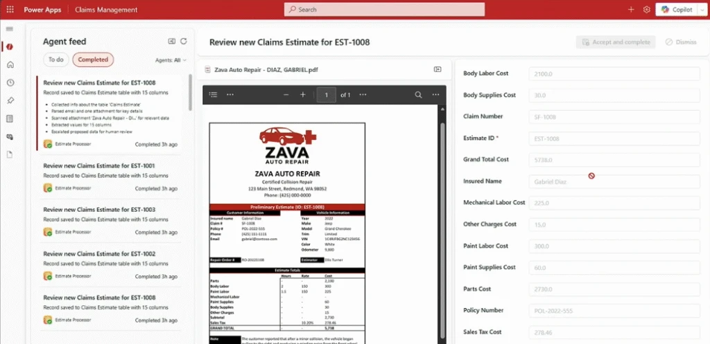 Screenshot of agent feed in State Farm claims processing app.
