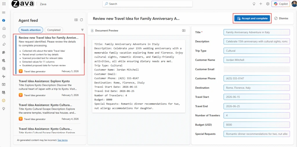 A screenshot of agent feed with data entry.