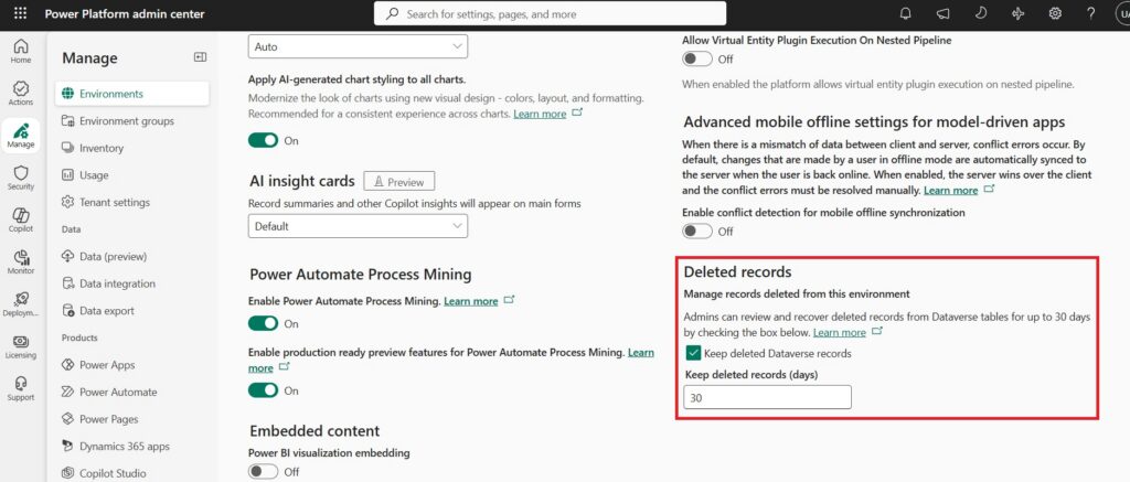 Deleted records feature in Power Platform admin center