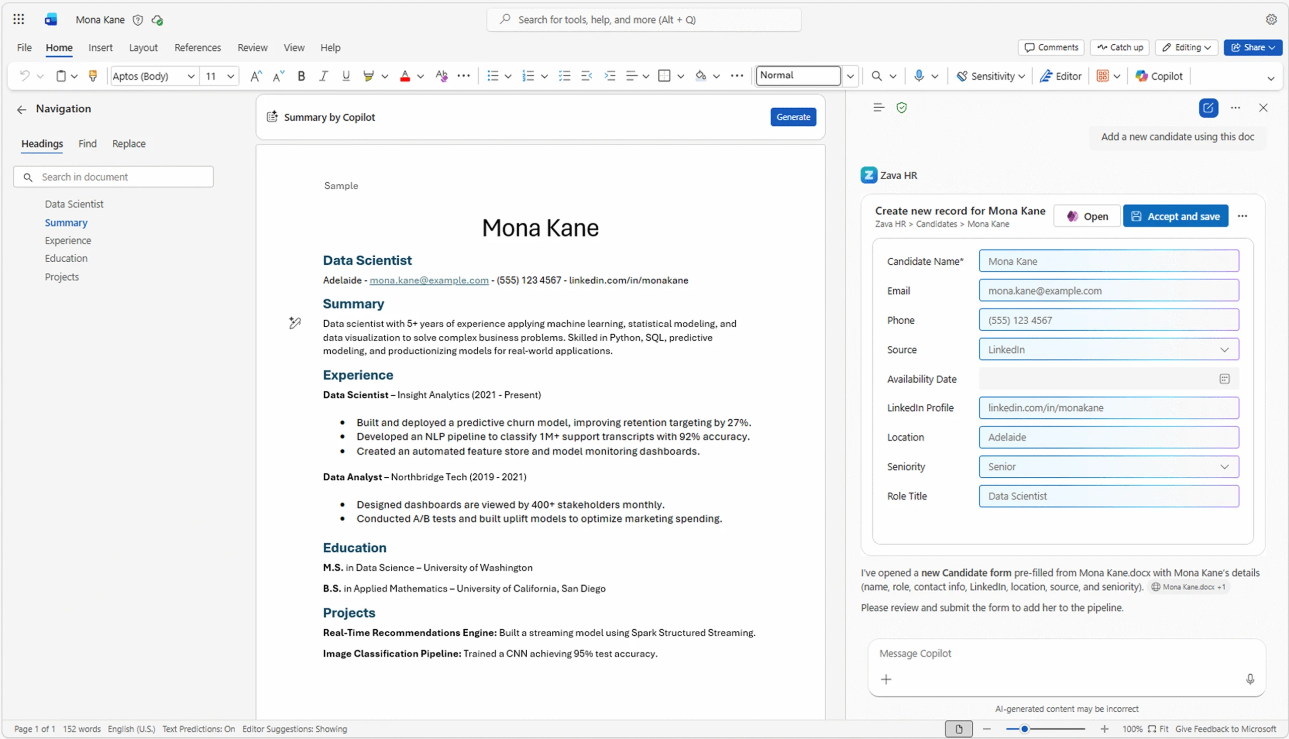 Copilot in Word creates a new candidate record using information extracted from a resume, with fields automatically prefilled in a model-driven app form.