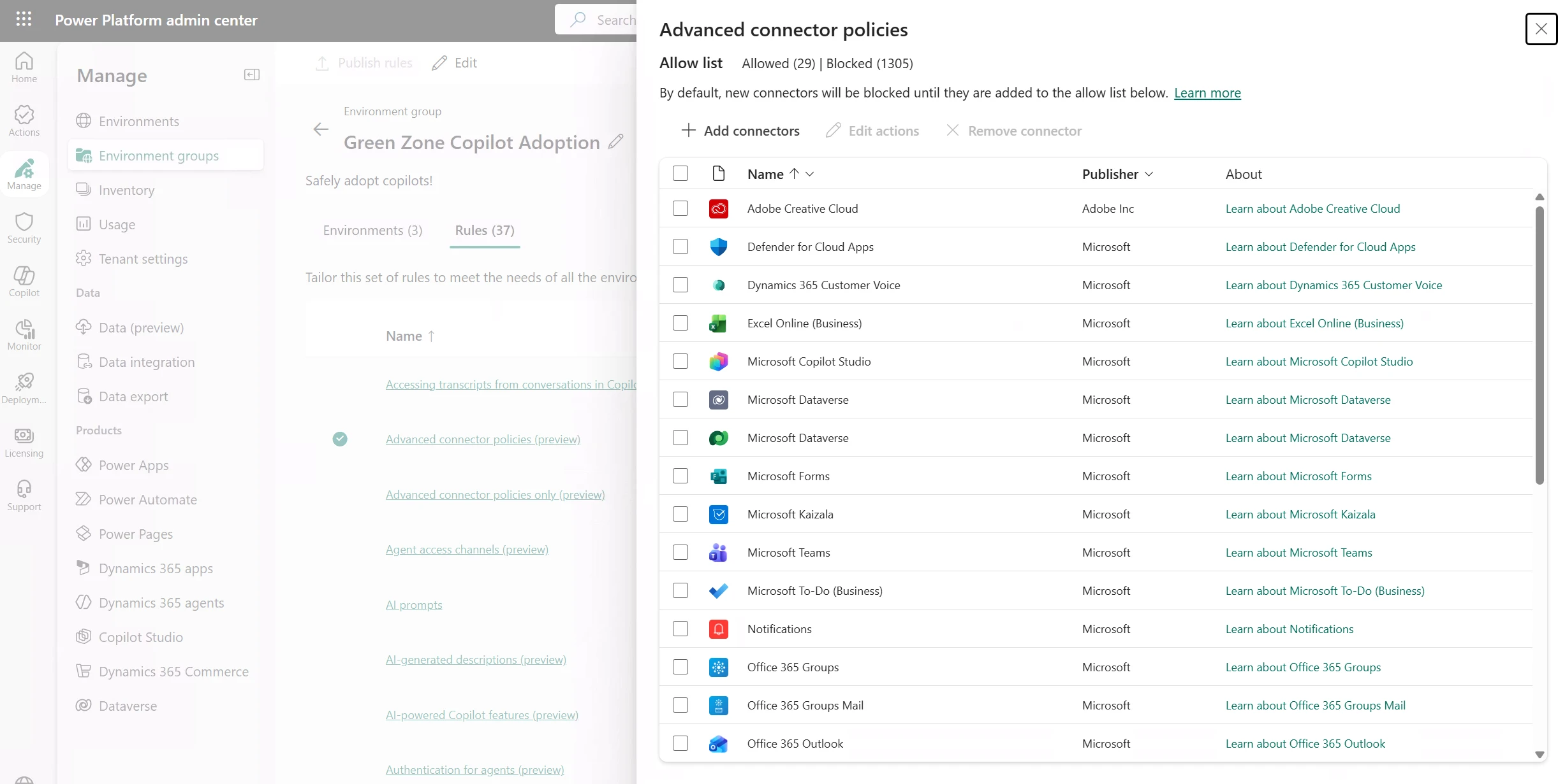 A panel titled 'Advanced connector policies' is shown with a list of 29 allowed connectors and 1305 blocked connectors. This is driven from the rules tab inside of an environment group called 'Green Zone Copilot Adoption'.