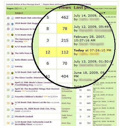 Screenshot of a forum with a circular callout showing the that the numbers of posts in several forums have changed.