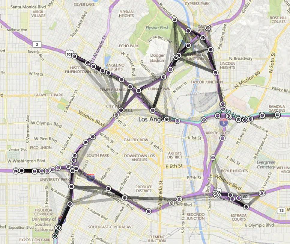 Map of Los Angeles indicating location of traffic measurements and strength of probabilistic influences among the sections.