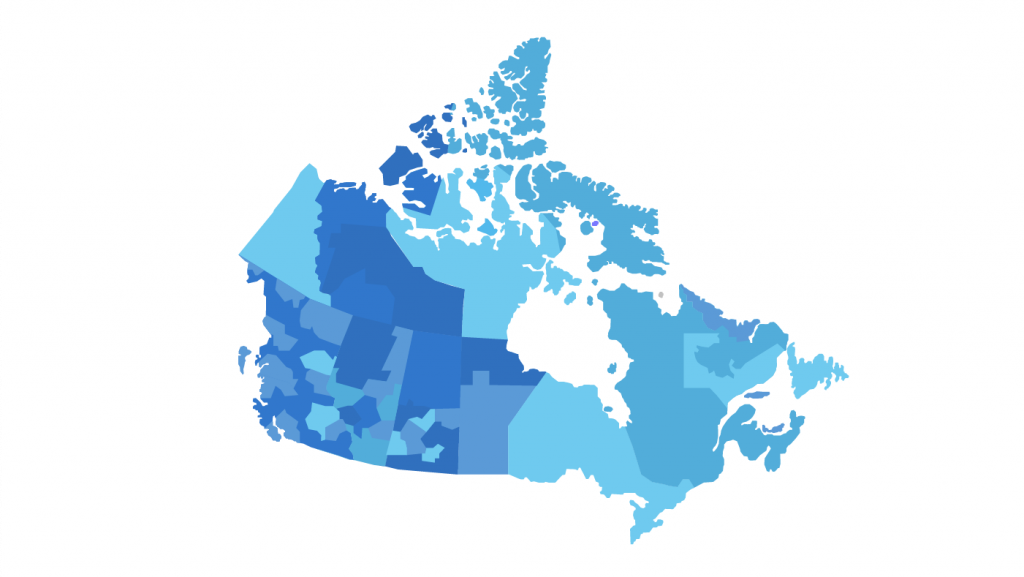 A new interactive tool developed by Microsoft Research and Bank of Canada offers an overview of Canadian job search trends, including breakdowns by such demographics as education and population. The above screenshot shows interest in health care across census divisions. The greater intensity of blue indicates a higher percent of searches for jobs in that sector.