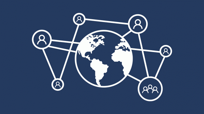 Graphic of a globe and circuits connecting people