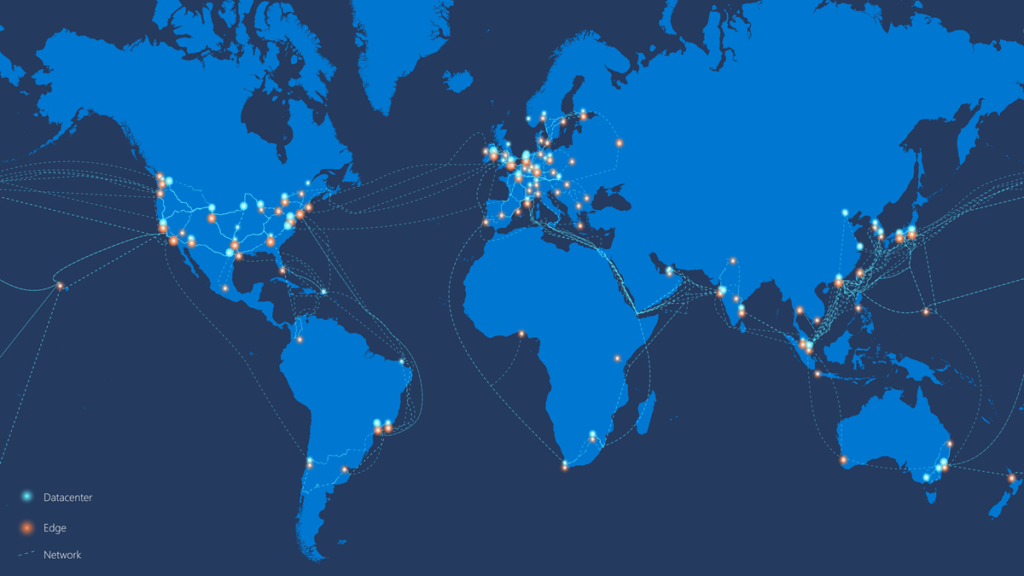 Figure 1: Microsoft Azure has network edge locations all over the world that enable low-latency access to cloud resources for millions of people. With such a vast network of autonomous systems, it is important to be able to quickly identify problems in the network that result in higher latency.