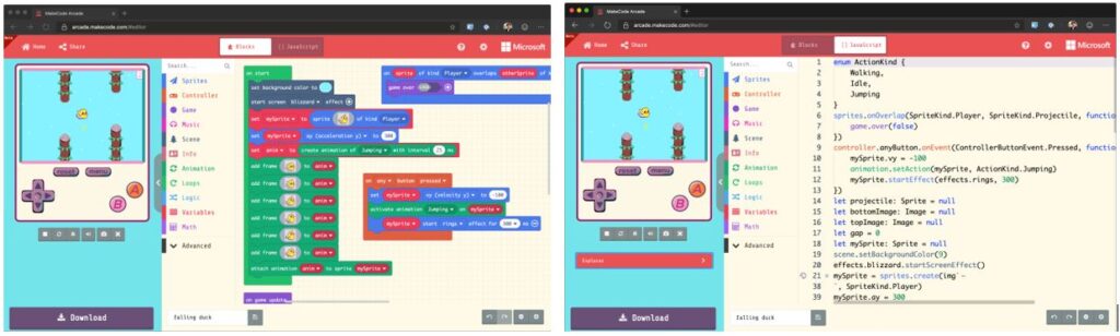 Like other MakeCode editors, Arcade includes a simulator and offers programmers the choice of writing games in blocks (left) or text (right). Most programmers using the text editor are writing very simple programs that, because of type inference, look exactly the same in TypeScript and JavaScript, so for name recognition reasons, the text editor is labeled JavaScript.