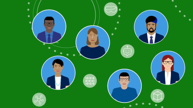 illustrations of people in blue circles on green background
