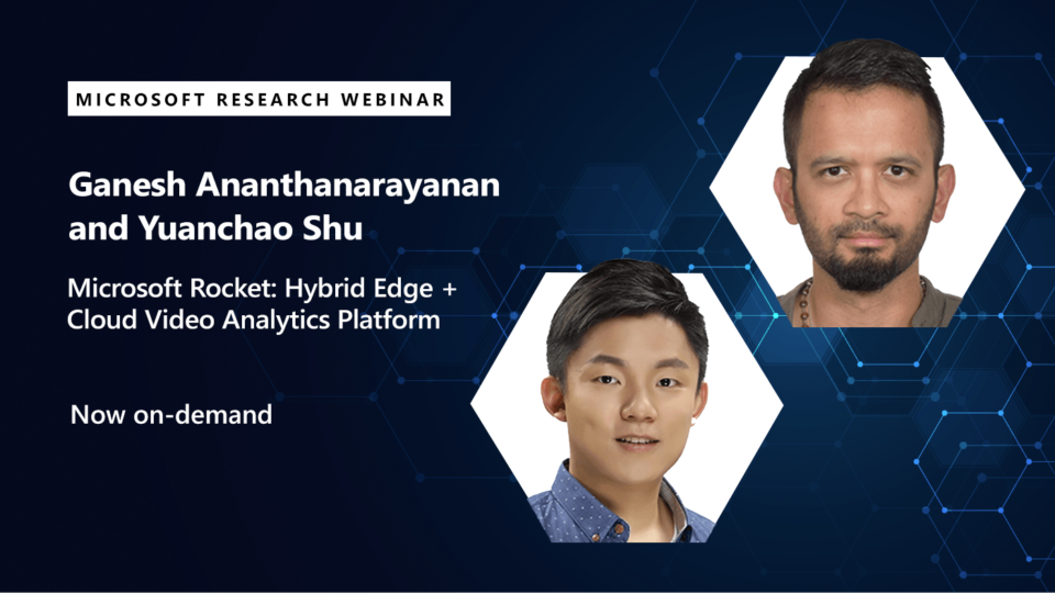 Ganesh and Yuancho in two hexigons next to text communicating the title of their webinar