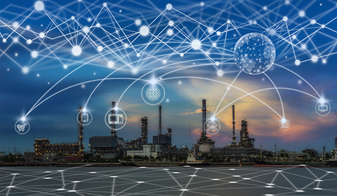 Communication network with multichannel omni channel of Oil and gas refinery at twilight - Petrochemical factory, Technology Smart City with Internet of Things concept