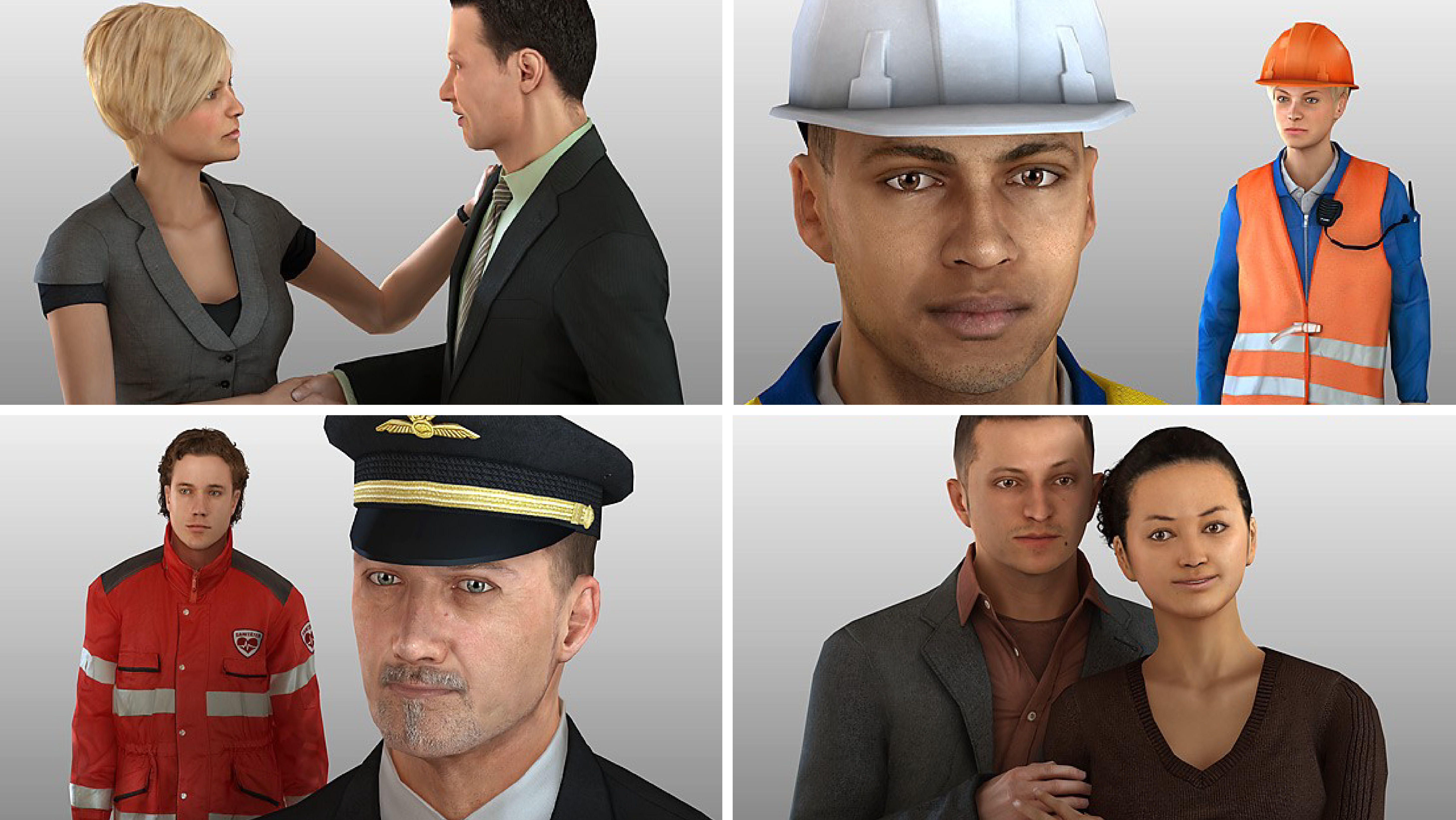 Four sets of examples of Microsoft Rocketbox avatars. On the top left, a female avatar and male avatar professionally dressed shake hands; on the top right, an avatar in the foreground and one in the background, both dressed in attire for construction work, look forward; on the bottom left, an avatar in a pilots uniform is looking ahead in the foreground and an avatar wearing a medics jacket is in the background; on the bottom right, a male avatar stands closely behind a female avatar, his hand resting on her arm and her hand resting on his hand.