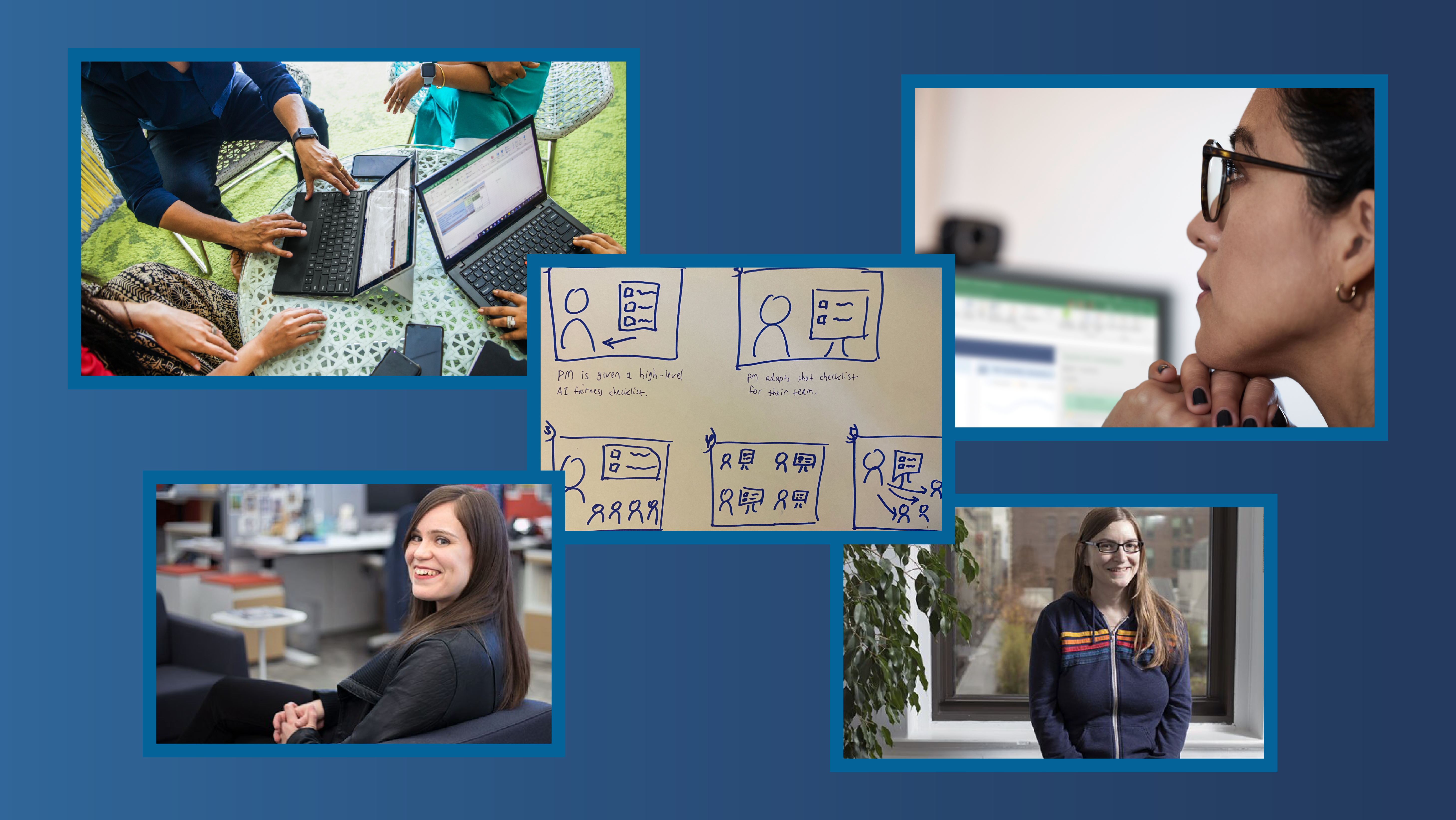 four images on a blue background - (1) four people working at a table on multiple devices; (2) woman wearing glasses looking at a computer screen; (3) whiteboard drawings; (4 & 5) female researcher smiling for the camera