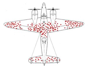 outline of airplane from top-down perspective with red dots on it
