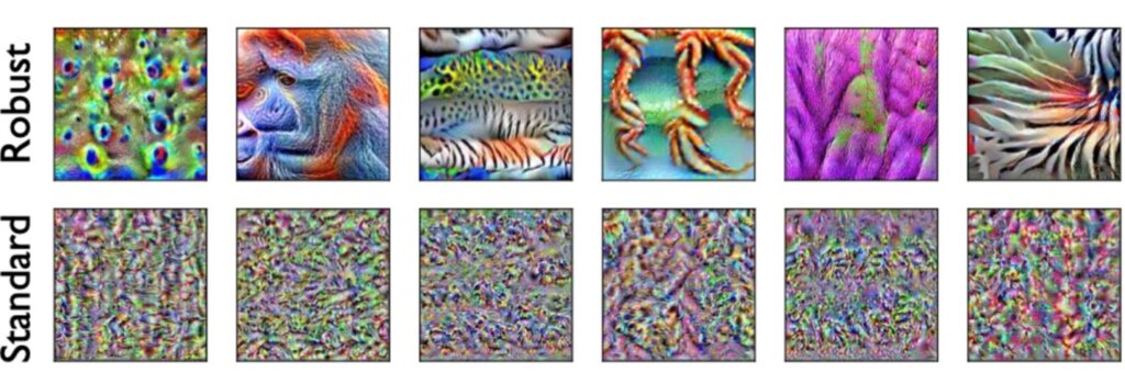 Two rows showing representations learning by standard models (on bottom row) and robust models (on top row). Visually, unlike standard models where you see abstractions and colors only, robust models show vibrant, partially blurred or morphed images: in one of the robust images, you can vaguely see various animal prints, whereas in the standard image it is only multicolored dots. 