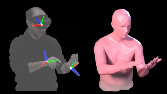 man wearing a HoloLens alongside an avatar