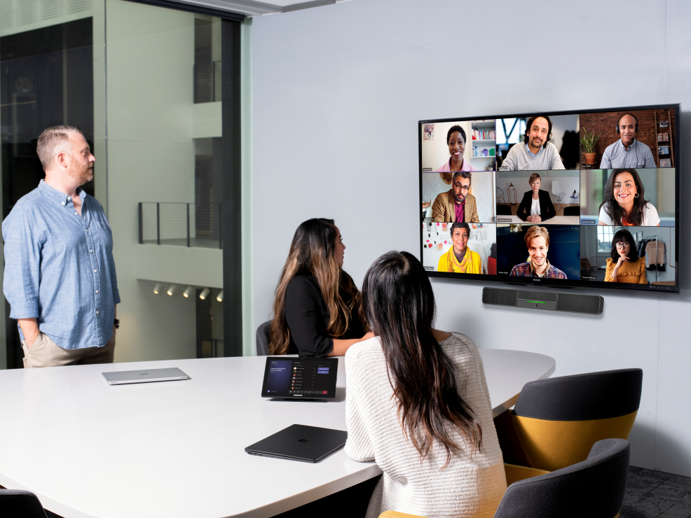 Group in conference room on Teams call