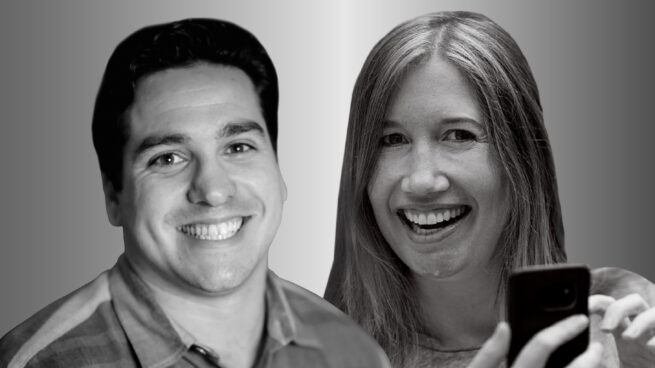 Two people side by side, Matt Brodsky on the left and Jaime Teevan on the right, in black and white smile and look forward. Teevan is holding a cell phone.