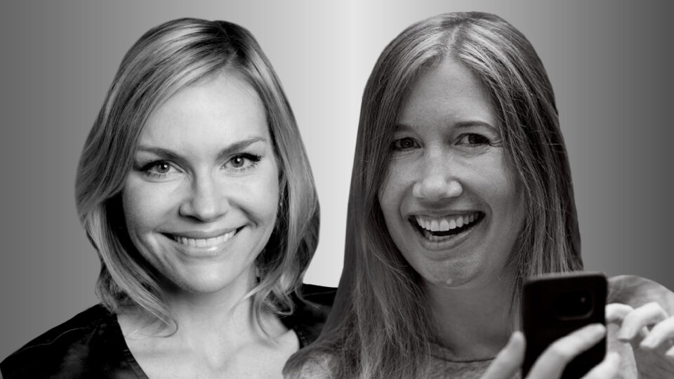 Portraits of Microsoft researchers Ginger Hudson and Jaime Teevan photographed in black and white. Both smile and look forward. Teevan, on the right, is holding a cell phone in the lower right of the frame.