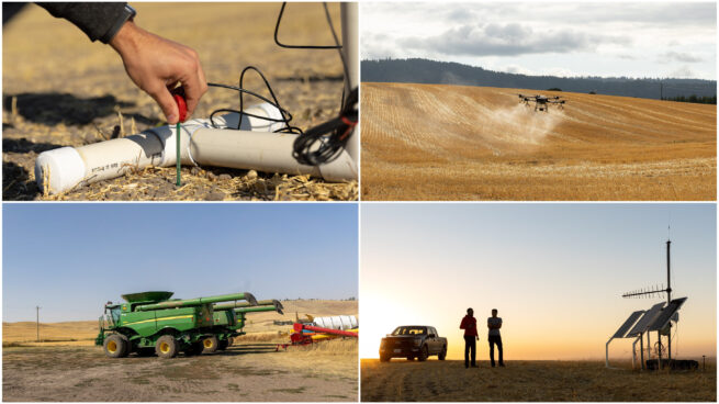 A set of four photos showing scenes from a farm. 1) Two people stand in a field by a pickup truck and a small structure with solar power arrays and an antenna. 2) A hand sets a small metal and plastic sensor into the ground. 3) An aerial drone sprays a light colored powder above a crop field. 4) Harvesting trucks and other farm equipment on a gravel road next to rolling hills.