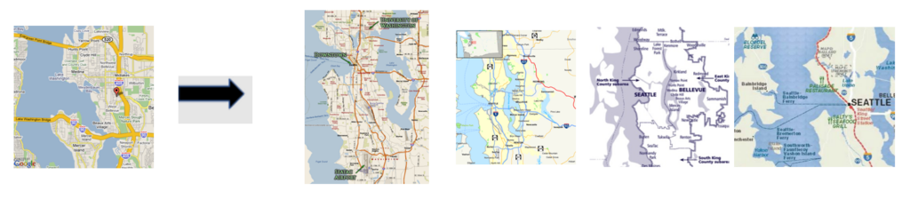 An image of a map of Seattle and an arrow pointing to four different images of a map of Seattle 